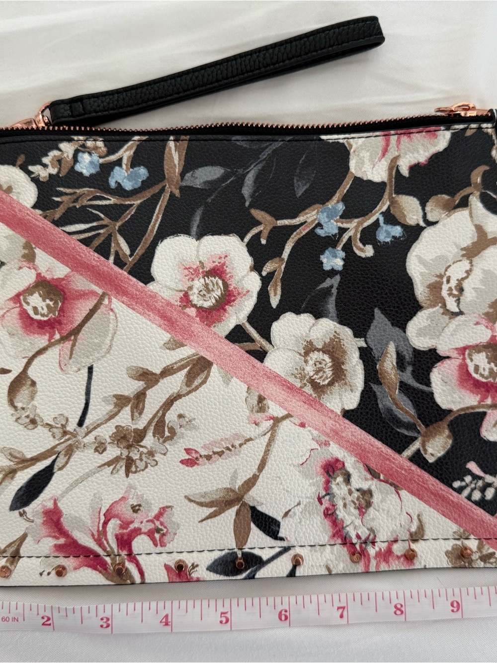 White House Black Market Black & Cream Floral Wristlet Clutch with Pink Trim - Picture 3 of 4